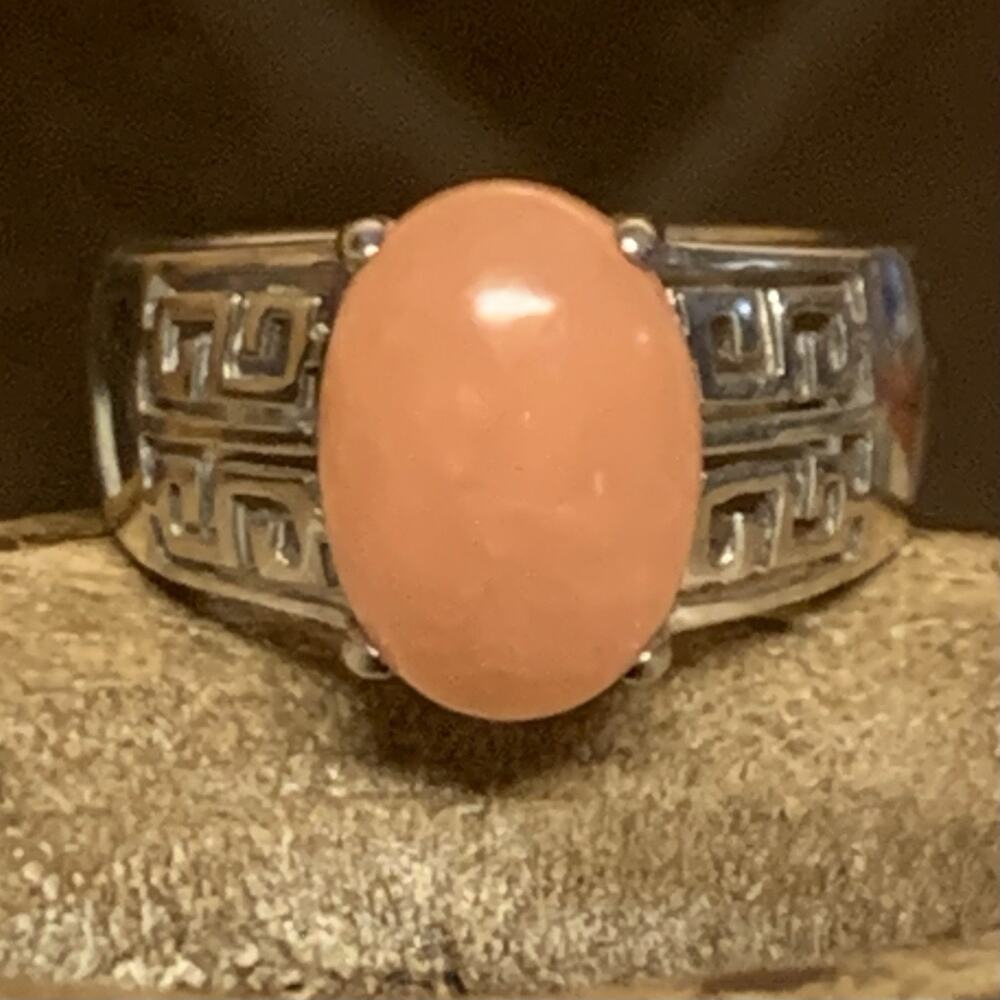 Sterling Silver & Peach Quartz Greek Key Ring Size 9 by EA